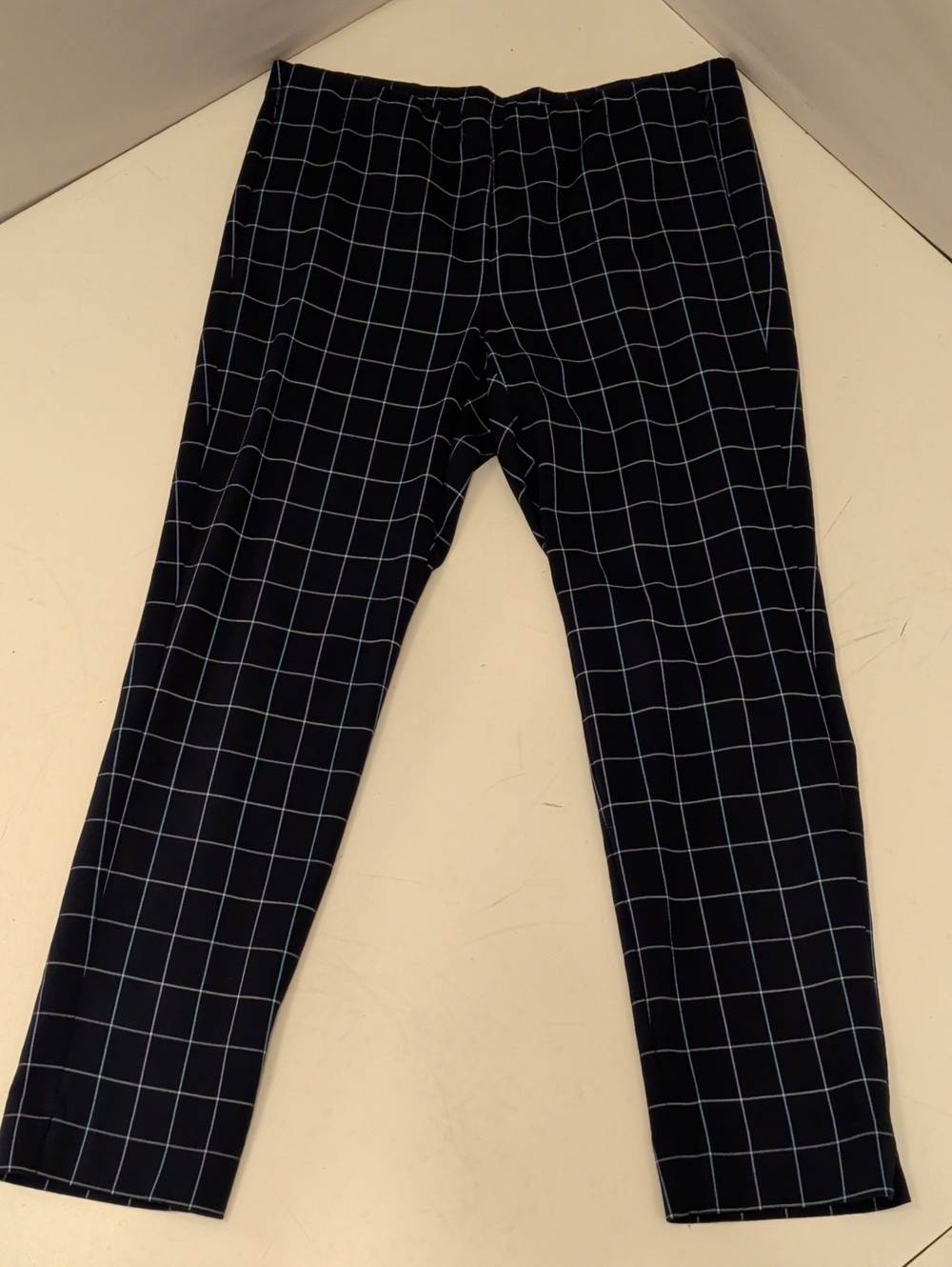 J. Jill Cotton Stretch Navy Blue Windowpane Plaid Pants 16 Tall Zip Pockets